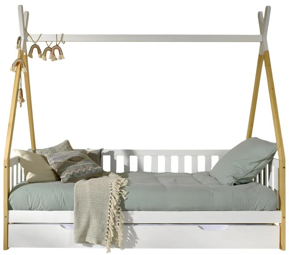 Białe łóżko dziecięce z litego drewna sosnowego w kształcie domku ze schowkiem 90x200 cm TIPI – Vipack