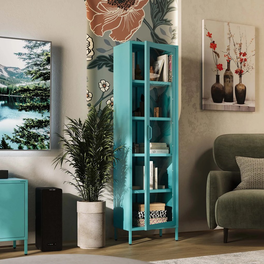 Witryna szklana do salonu wąska morska / turkusowa Modern LUIGI 500 x 1800 x 350 mm