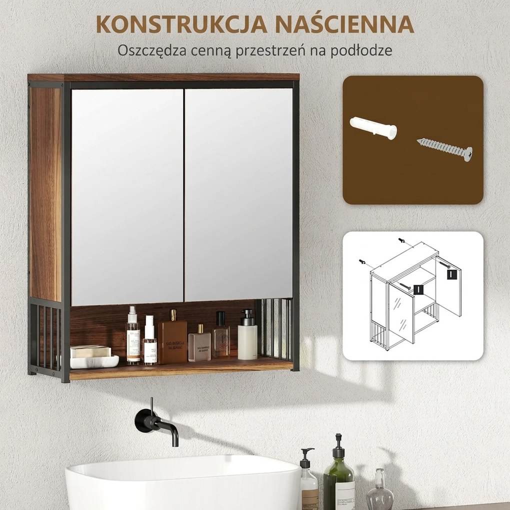 HOMCOM Wisząca szafka z lustrem do łazienki, Szafka łazienkowa z MDF i płyty wiórowej, Brązowa