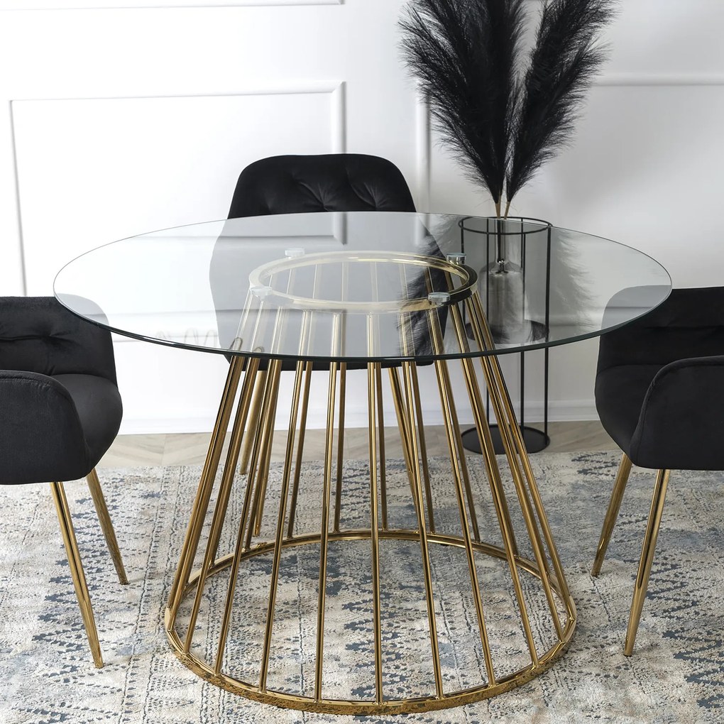 Stół Okrągły Szklany OLIVIER 120 cm ze Złotymi Nogami Nowoczesny do Salonu Glamour