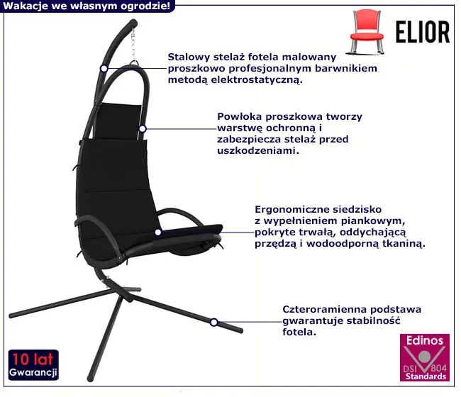 Czarny nowoczesny fotel wiszący do ogrodu Galapi 5X
