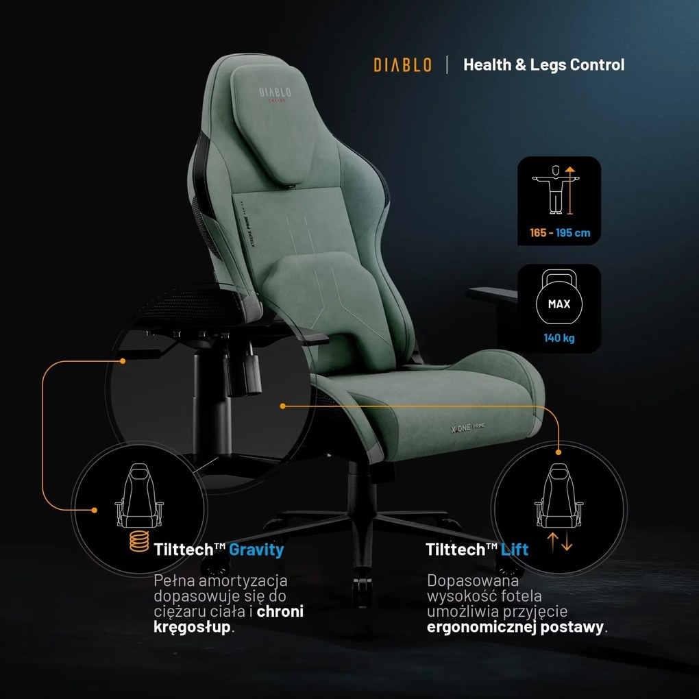 Fotel gamingowy materiałowy Diablo X-One Prime Normal Size, Ghotic Green