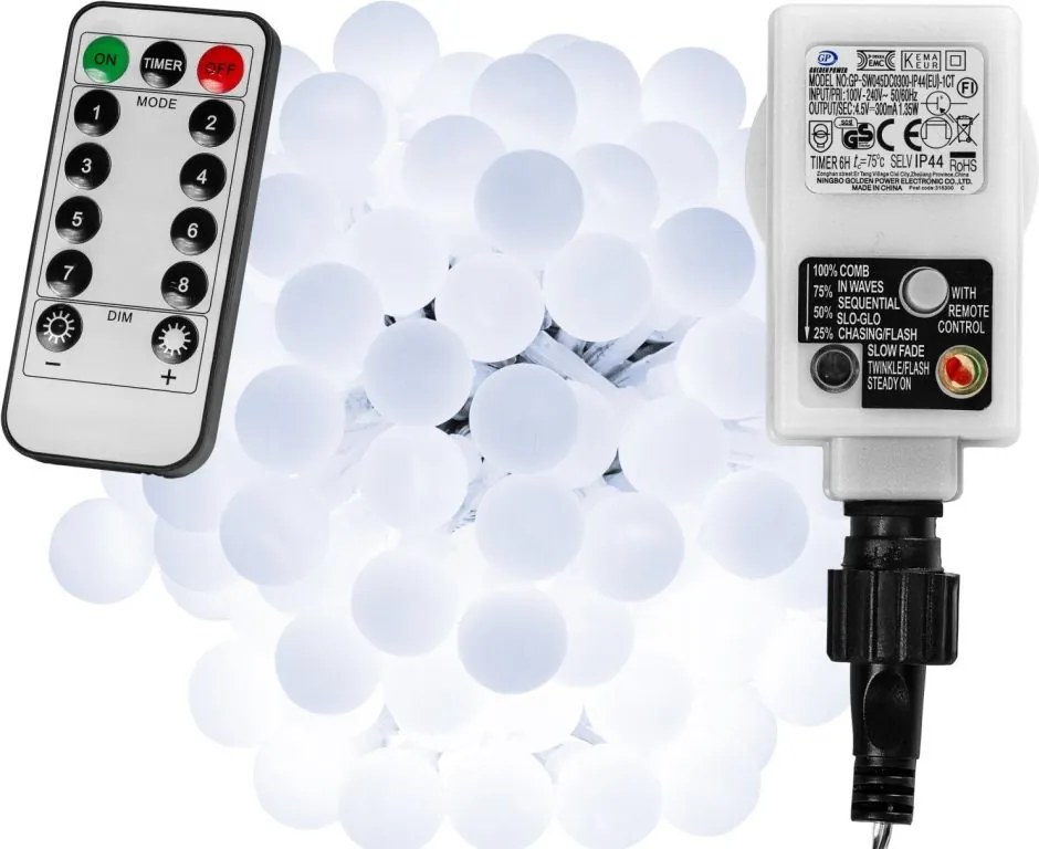 Imprezowe oświetlenie - 10 m, 100 LED, zimna biel + pilot