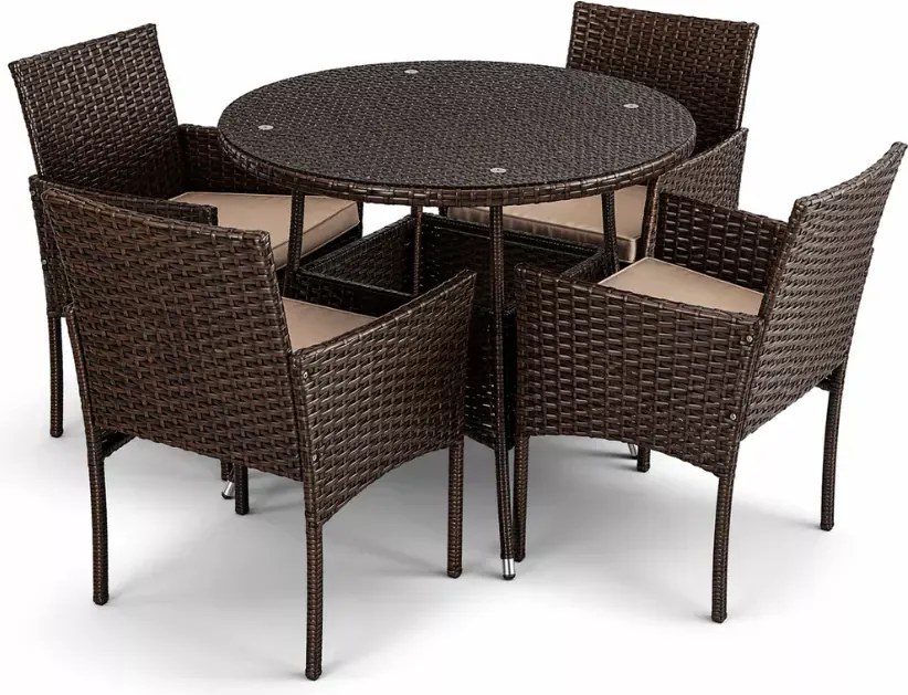 Zestaw mebli ogrodowych German technorattan brązowy/beżowy 4 fotele + stół szklany na taras ogród balkon elegancki komplet