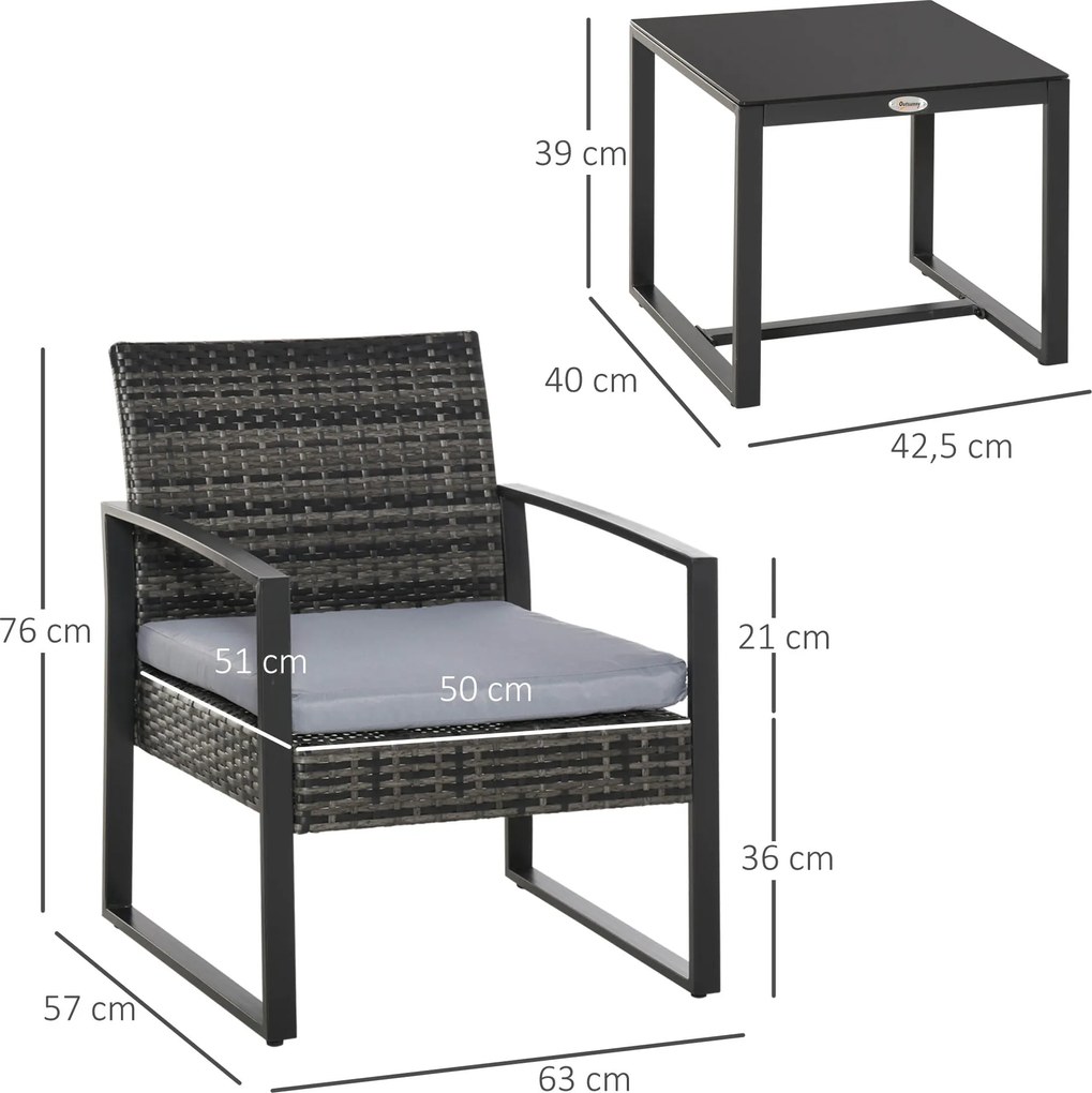 Outsunny Komplet stolik z krzesłami z technorattanu, 3-częściowy Komplet wypoczynkowy 63 cm x 57 cm x 76 cm