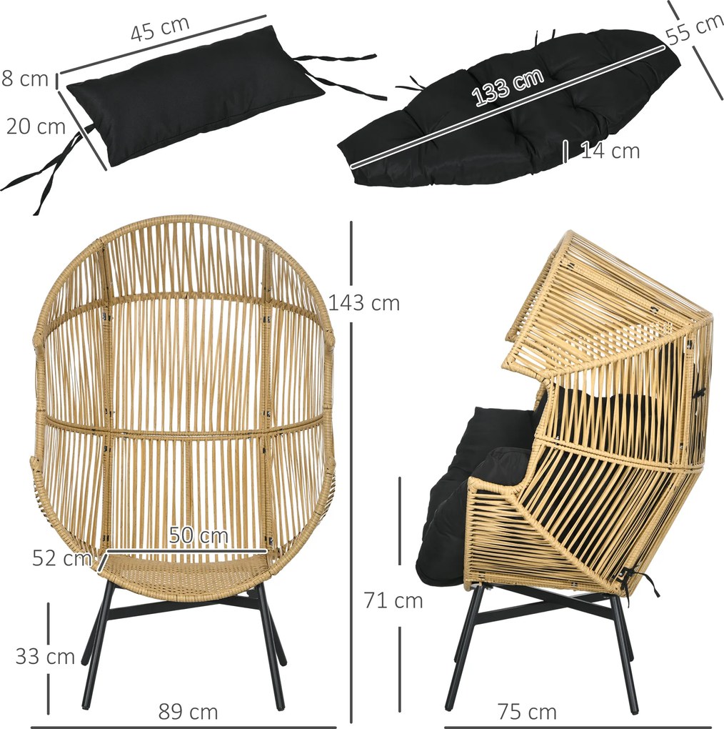 Outsunny Fotel ogrodowy Fotel ogrodowy z PE rattanu, 89 cm x 75 cm x 143 cm, Naturalny + Czarny