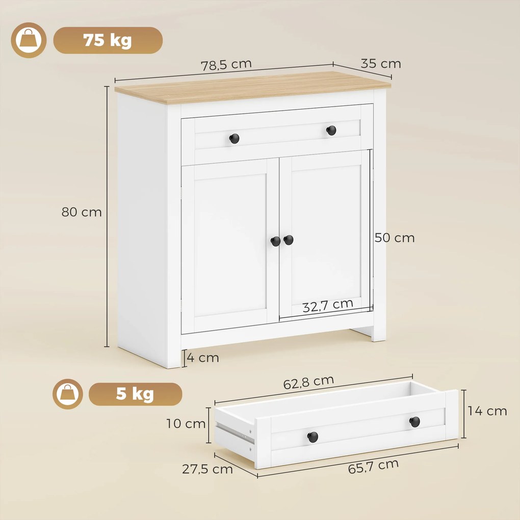 HOMCOM Komoda do kuchni z szufladą, 2-drzwiowa, z regulowaną półką, do salonu, 78,5 x 35 x 80 cm Biały | Aosom PL