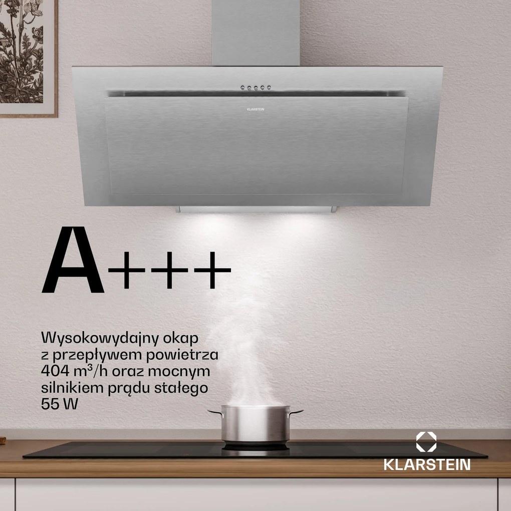 Klarstein Athena 90cm 254m³/h Okap Przyścienny Skośny Srebrny