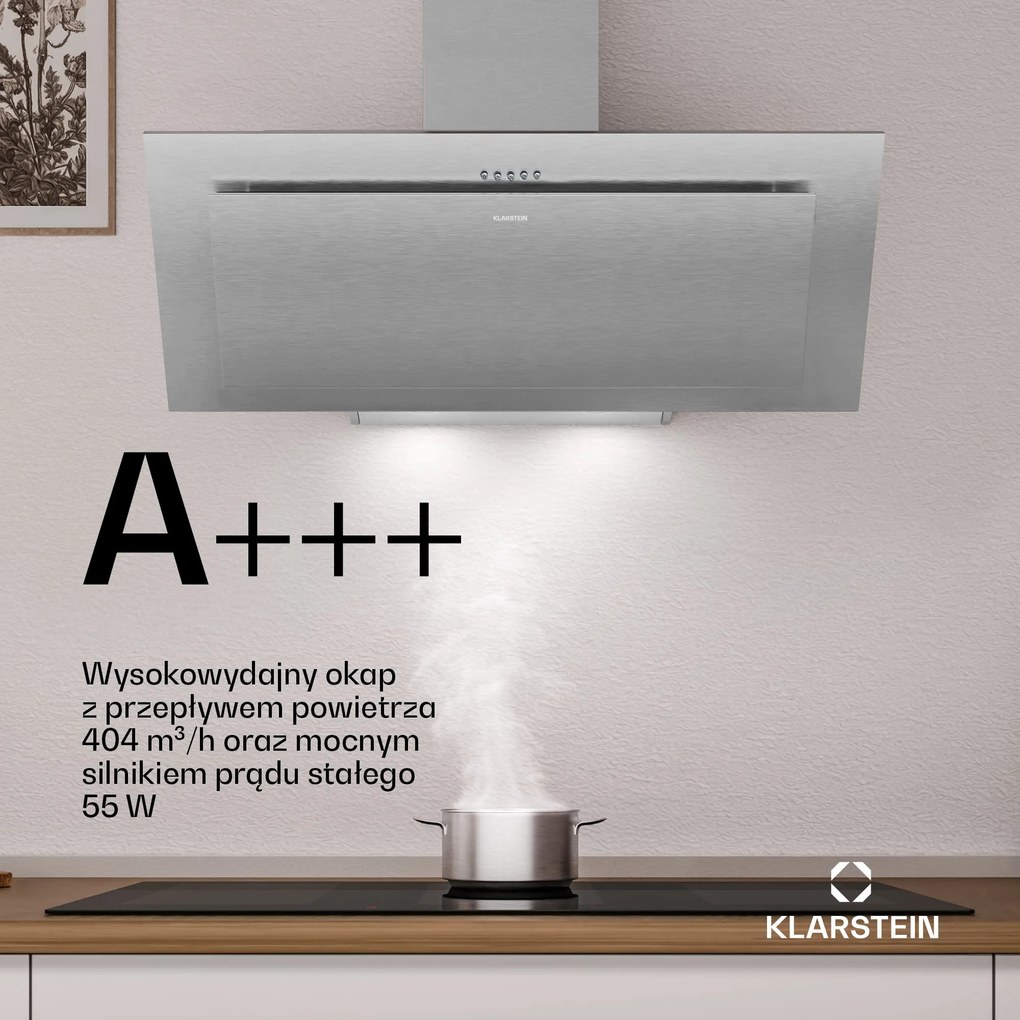 Klarstein Athena 90cm 404m³/h Okap Przyścienny Skośny Srebrny