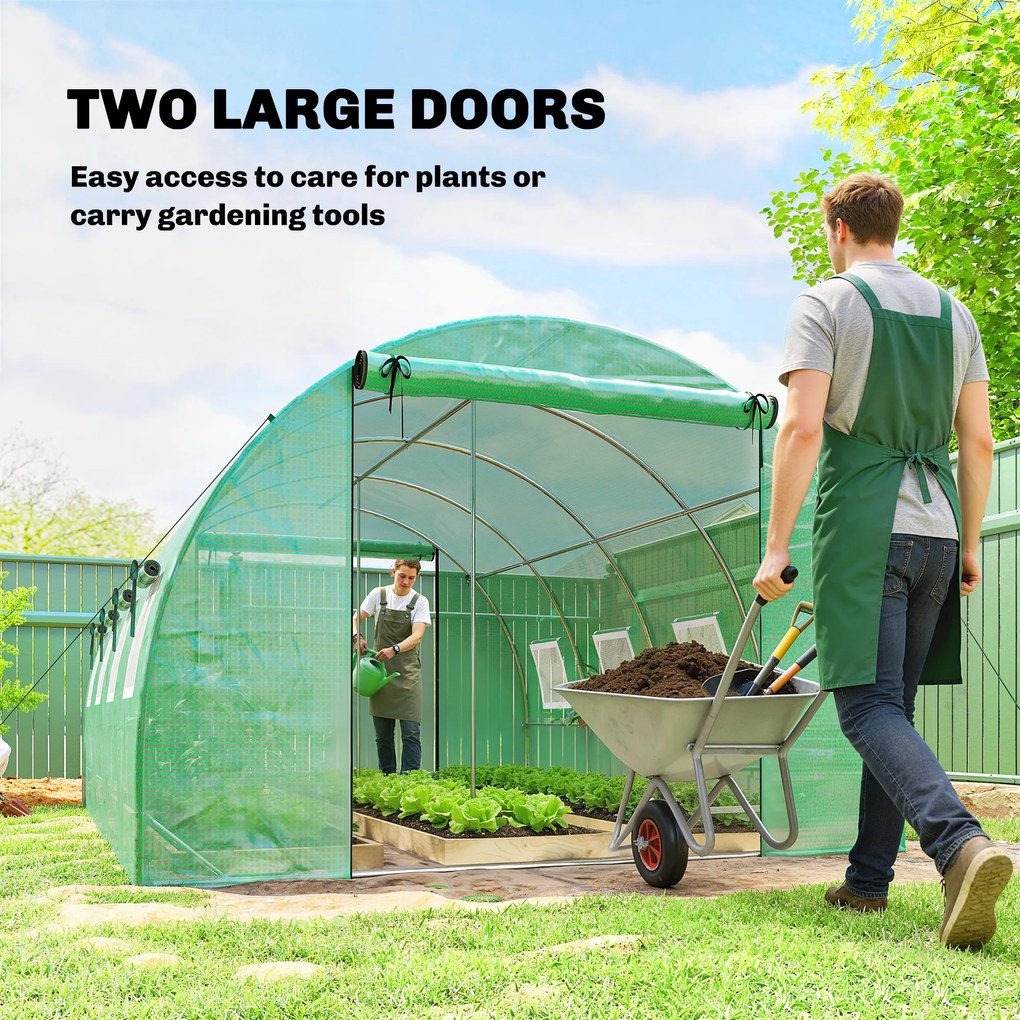 Outsunny Szklarnia ok. 4 x 3 x 2 m, szklarnia foliowa z rolowanymi drzwiami, 2 drzwi na zamek &amp; 8 okien z siatką, pręty podporowe, zielona | Aosom PL
