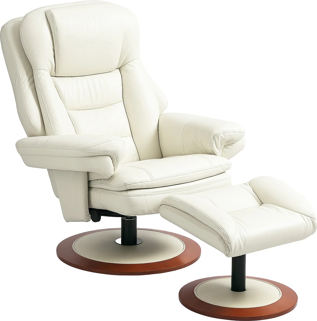 HOMCOM Fotel relaksacyjny z podnóżkiem, 360° obrotowy, ergonomiczny, skóra ekologiczna, 94 x 98 x 104 cm, Kremowobiały