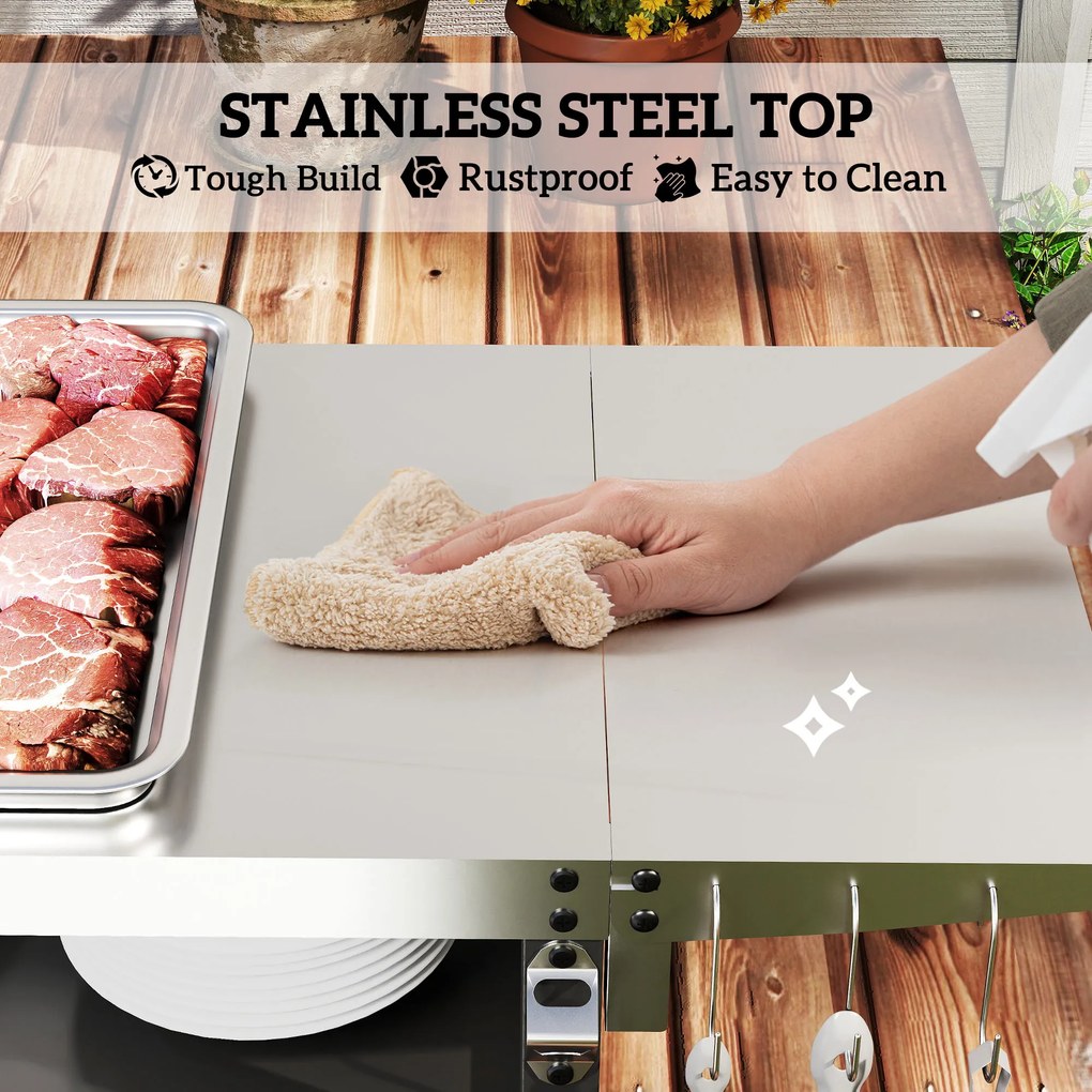 Outsunny Wózek Grillowy 3-Poziomy z Powierzchnią Roboczą Szafką Haczykami i Kołami 116x50x93cm Czarny