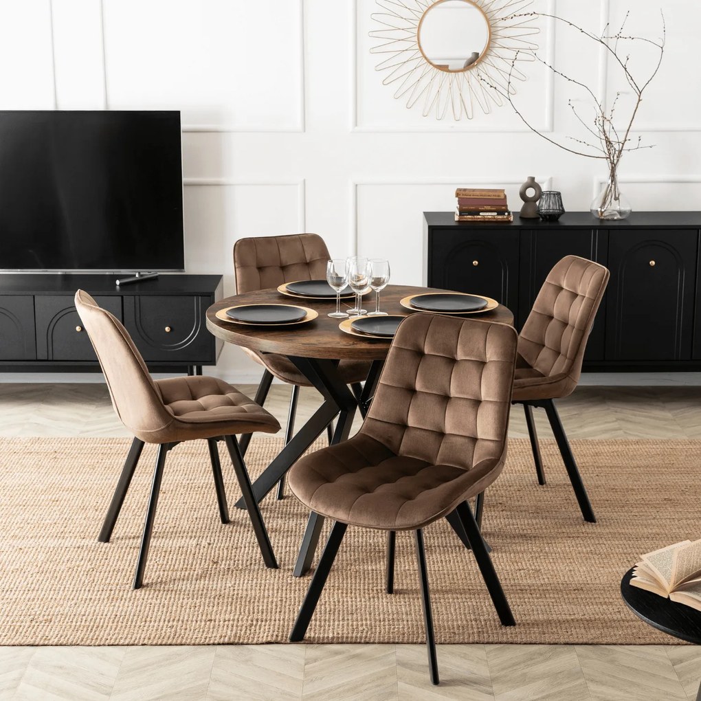 Zestaw Stół Okrągły Rozkładany LUKAS 100-250 cm Dąb Rustykalny/Czarny i 4 Krzesła Tapicerowane RICK Brązowe Welurowe Nowoczesne