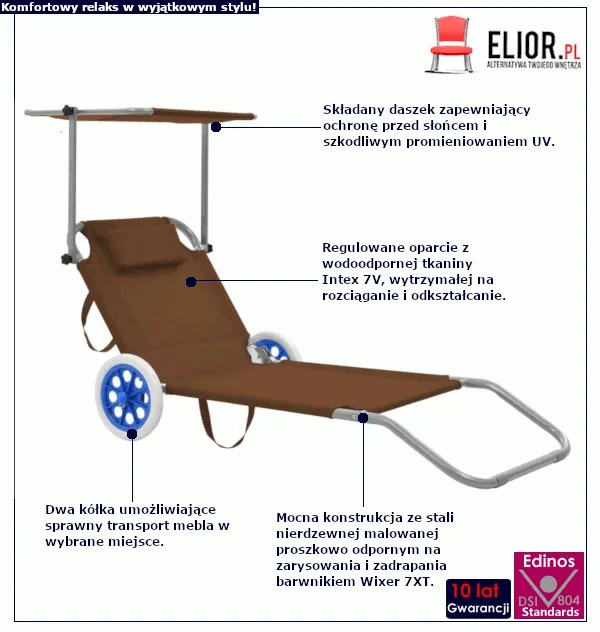 Brązowy leżak ogrodowy do opalania z kółkami D2-D19