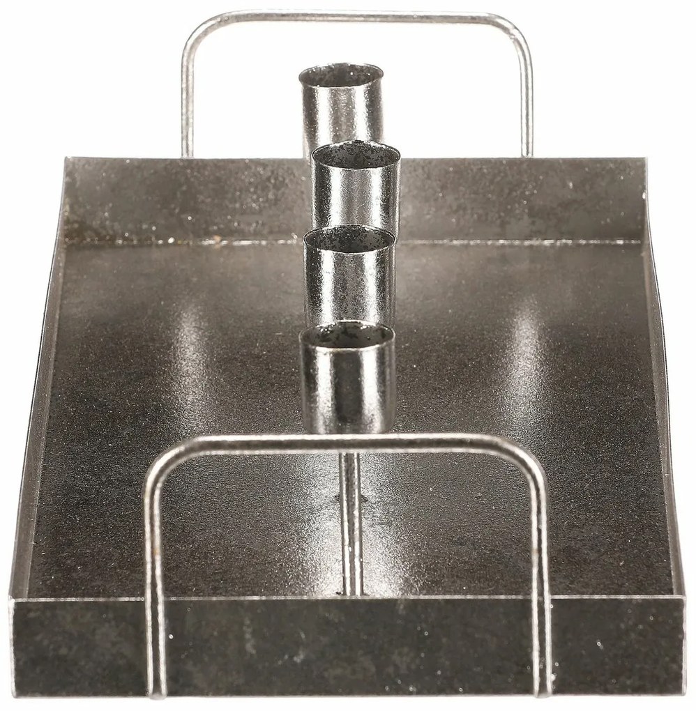 Metalowy świecznik na 4 stożkowe świece,prostokątny, srebrny