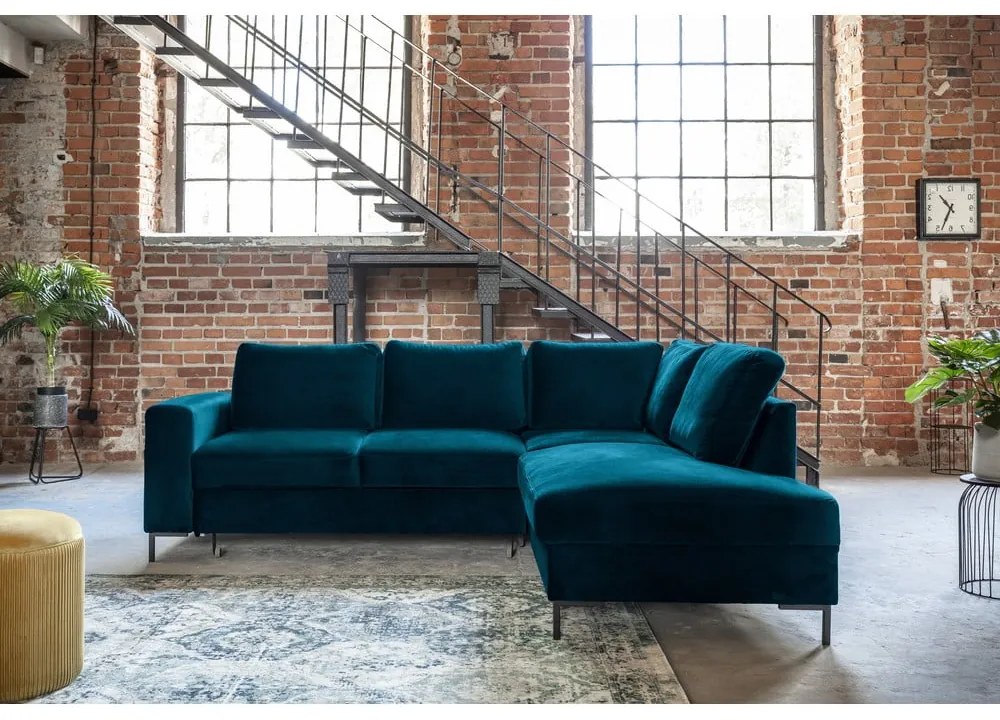 Turkusowy aksamitny rozkładany narożnik (prawostronny) Lofty Lilly – Miuform