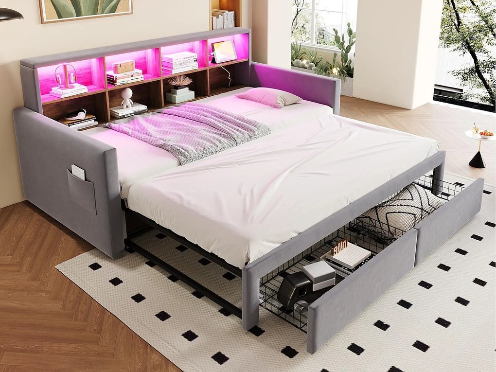 Rozkładana sofa z poduszkami 90x190 cm - Oświetlenie LED - z gniazdem ładowania - dwie szuflady - stelaż lamelowy - welur - jasnoszary