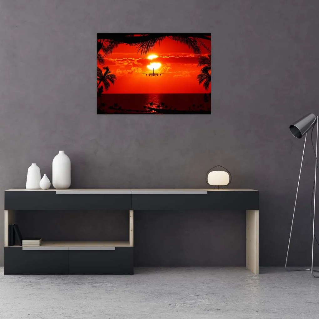 Obraz - zachód słońca z samolotem (70x50 cm)