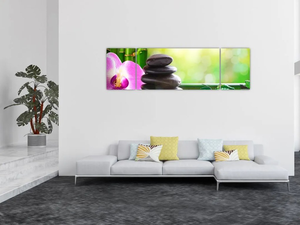 Obraz kamieni do masażu i storczyków na wodzie (170x50 cm)