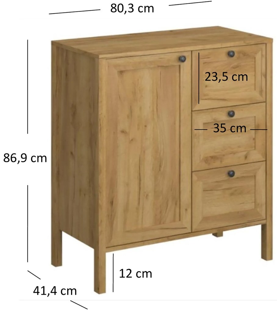 Komoda z Szufladami Drewniana do Salonu DALE 80 cm Dąb craft złoty Klasyczna
