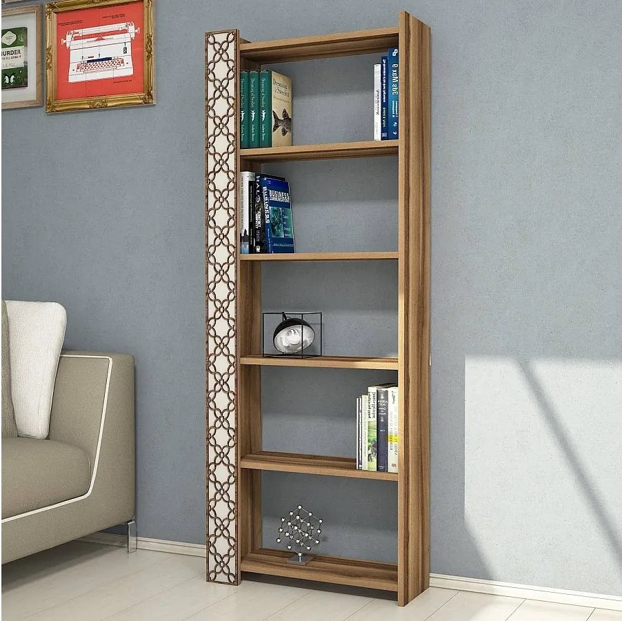 Nowoczesny regał na książki – 64,6 x 170 x 24,2 cm – Orzech i krem ​​– Płyta wiórowa