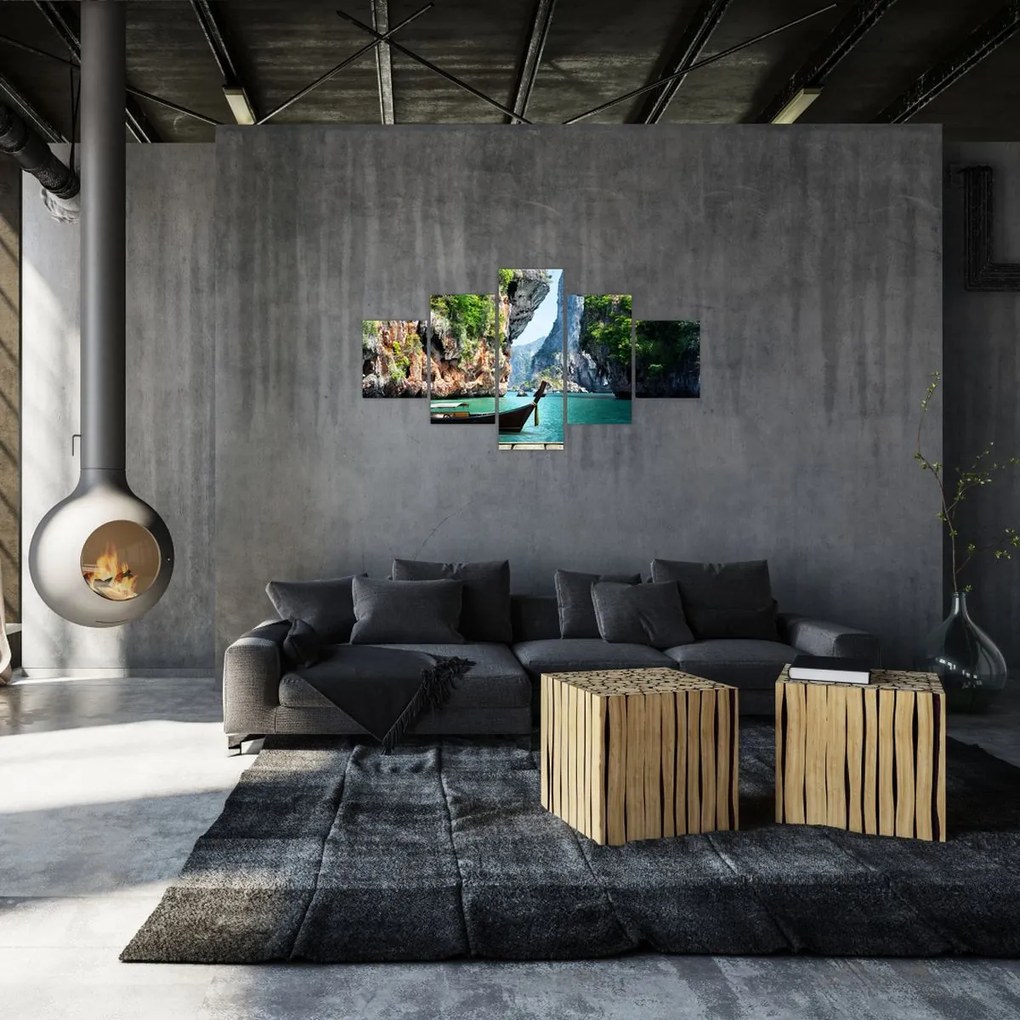 Obraz - Wodny śródziemnomorski krajobraz z łodzią (125x70 cm)