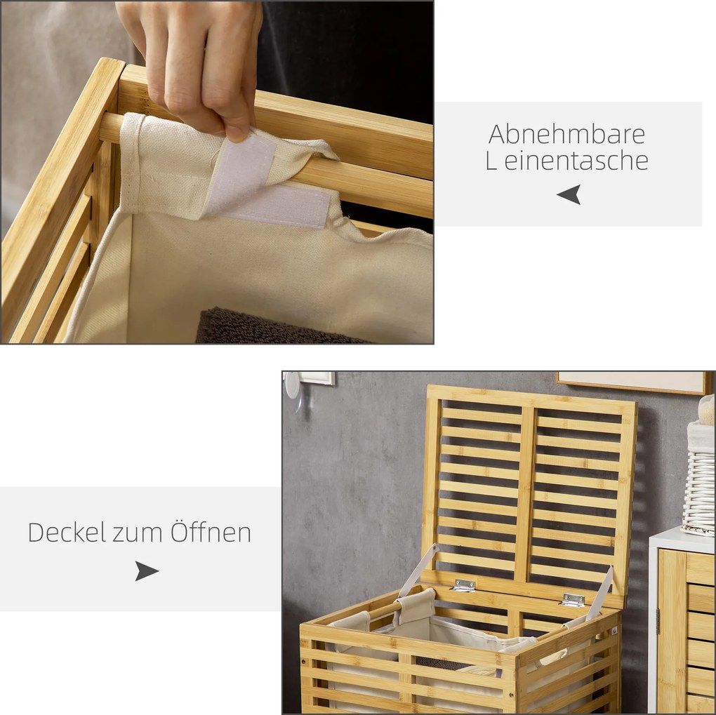 HOMCOM Kosz na Bieliznę z Bambusa 63 L z Pokrywą i Wyjmowanym Workiem 44 x 37 x 62,5 cm, Drewno Naturalne
