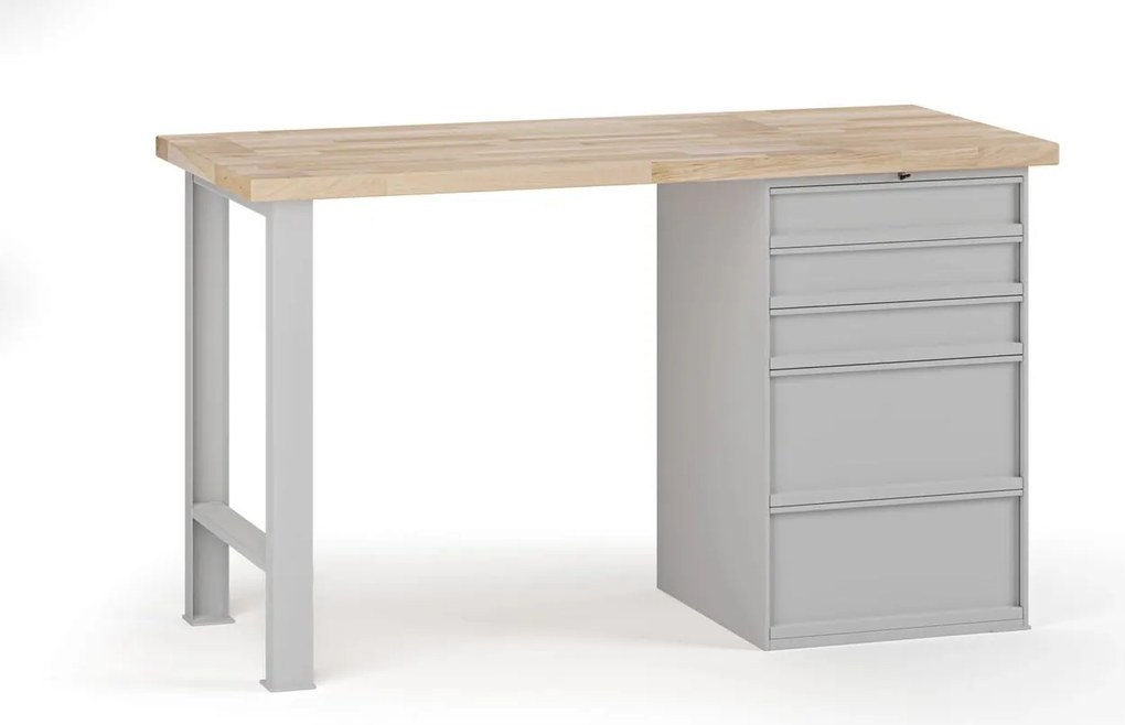 Stół warsztatowy G7, blat bukowy, 1500 x 800 x 840 mm, 1x kontener, 5x szuflada, szary