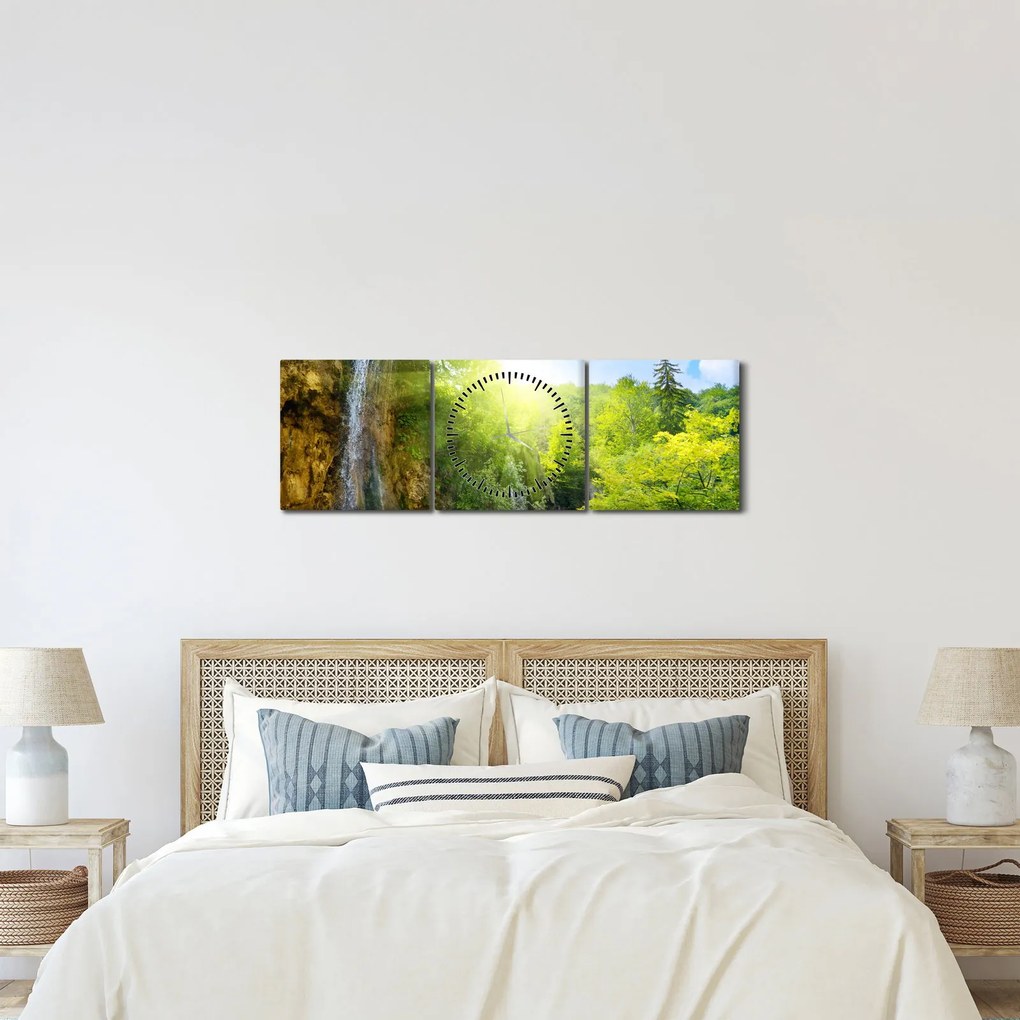 Obraz - wodospady w pralesie (z zegarem) (90x30 cm)
