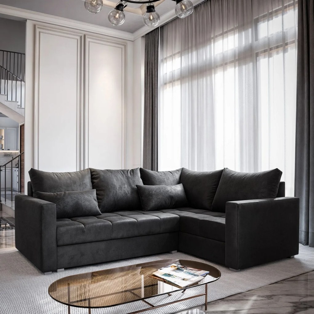 Masseno Narożnik LIRENO z funkcją spania i pojemnikiem na pościel Narozniki L, Rozkładana sofa - Czarny, KRONOS 07
