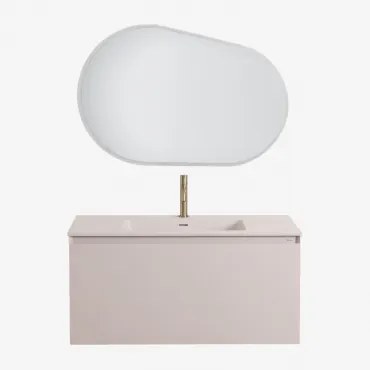 Zestaw Drewnianych Mebli Łazienkowych Macrae Ze Zintegrowaną Umywalką Nature & Owalna Lampa Led I Przeciwmgielna 100x80 - Sklum
