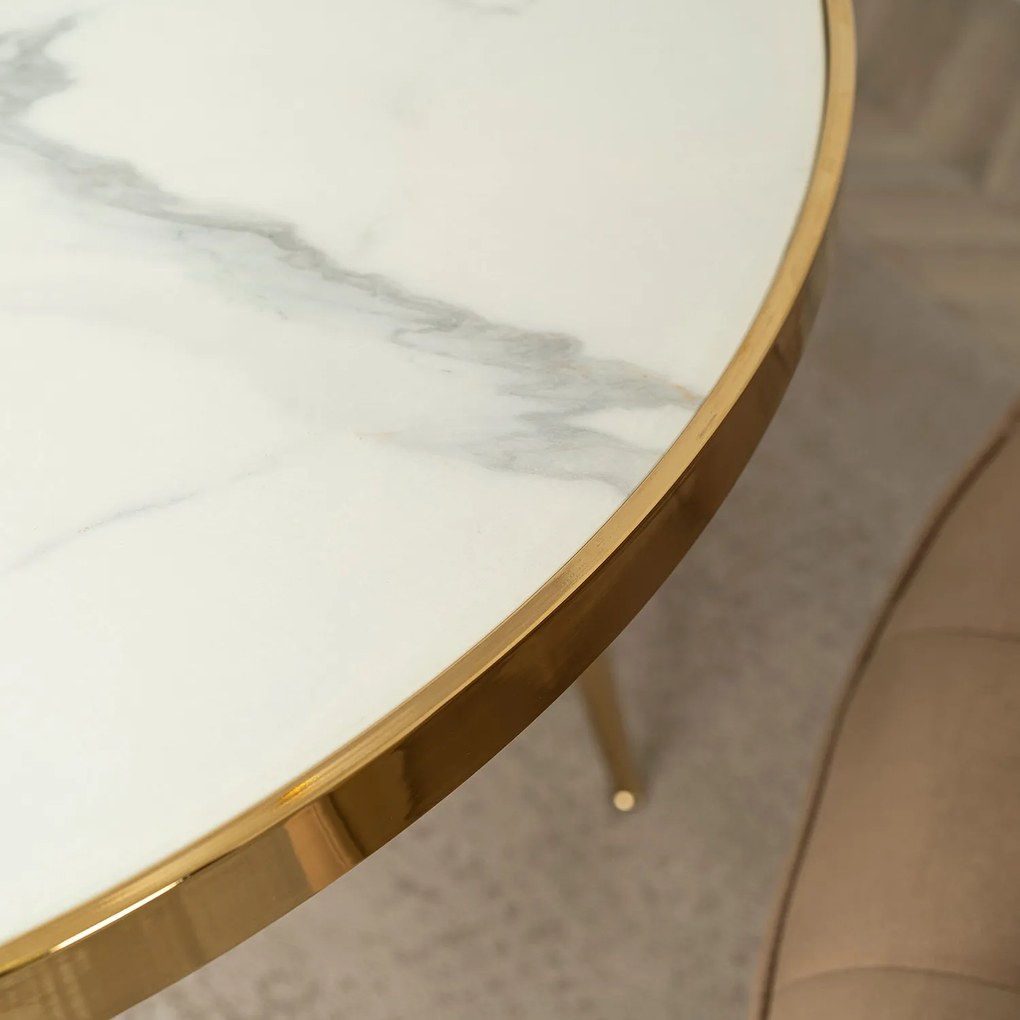 Stół Okrągły TINGA 100 cm Biały Marmur/Złoty Glamour