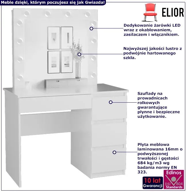 Biała skandynawska toaletka z lustrem scenicznym M2-H83