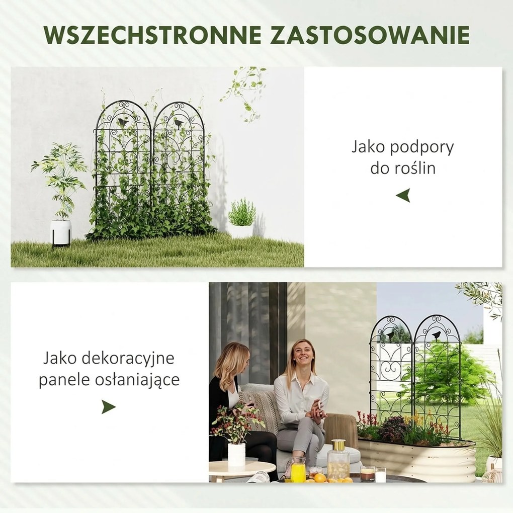 Metalowe Kratki na Róże 2 szt. Outsunny Zestaw, Odporny na Rdzę, dla Roślin Pnących z Motywem Ptaków 50x120 cm, Czarny