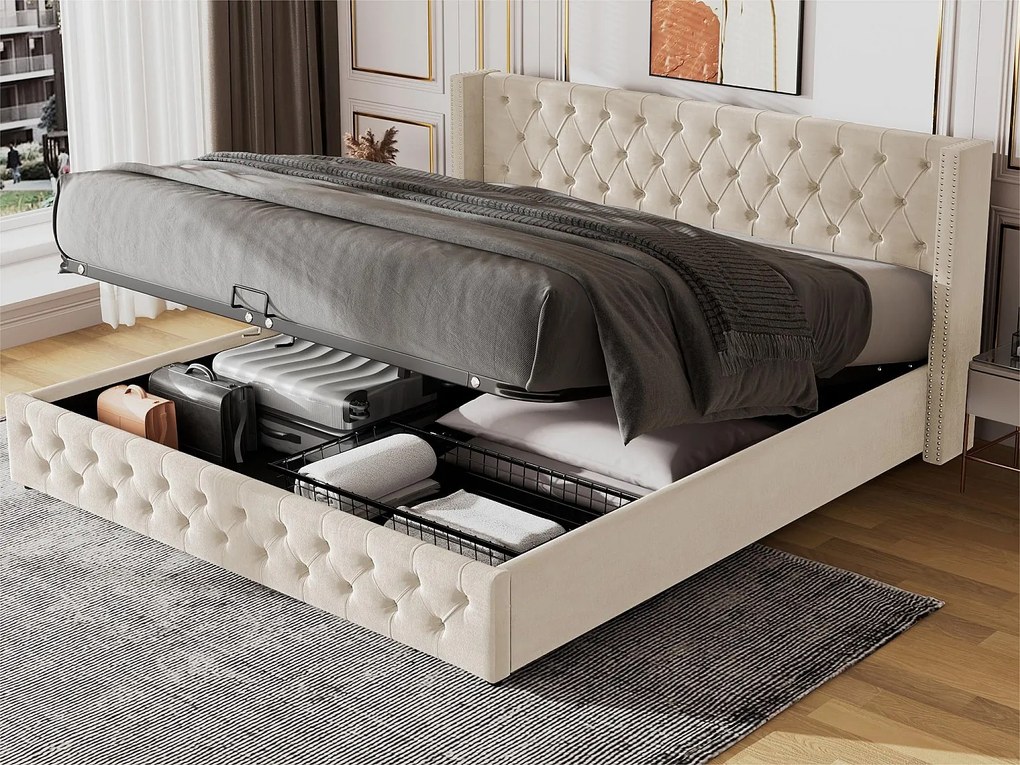 Łóżko 140x190cm z weluru z stelażem na listwy - beżowe