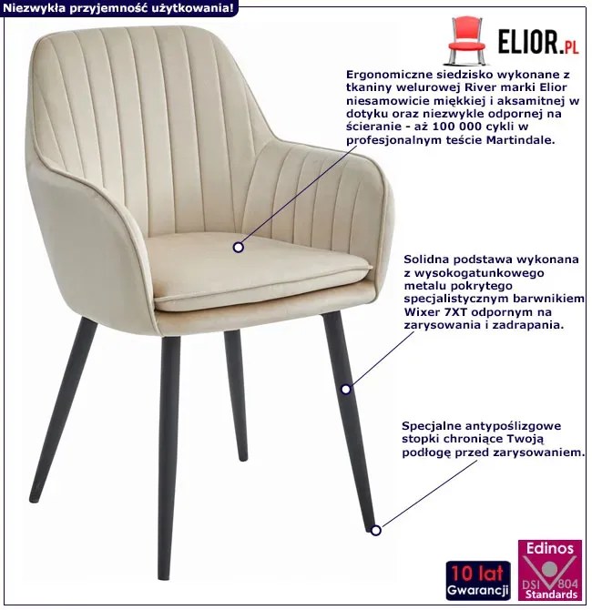 Welurowe beżowe tapicerowane krzesło z podłokietnikami K9-N82
