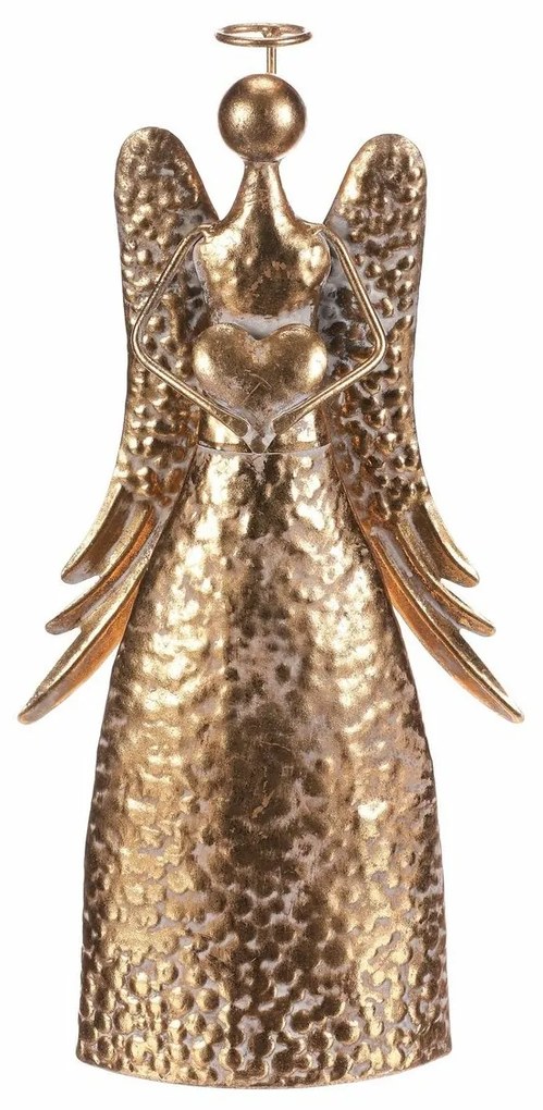 Świąteczna metalowa dekoracja Anioł 34 cm zsercem, złota, 34 cm