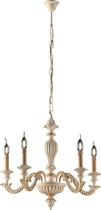 Żyrandol Leonardo z drewna w kolorze kości słoniowej i płatków złota, 5 świateł 117 Ø53 BL180-5-AV