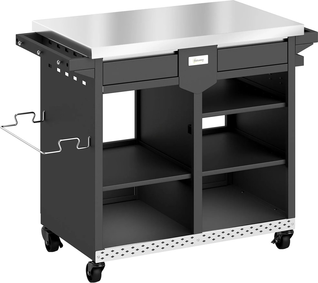Outsunny Wózek grillowy 5-poziomowy stolik grillowy ze stalową powierzchnią roboczą, regulowane półki, szuflada, kółka, uchwyt na przyprawy i ręczniki | Aosom PL