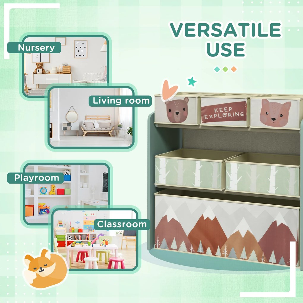 ZONEKIZ Regał Dziecięcy z 6 Szkatułkami z Tkaniny, Uroczy Motyw, 63x30x66 cm, Zielony