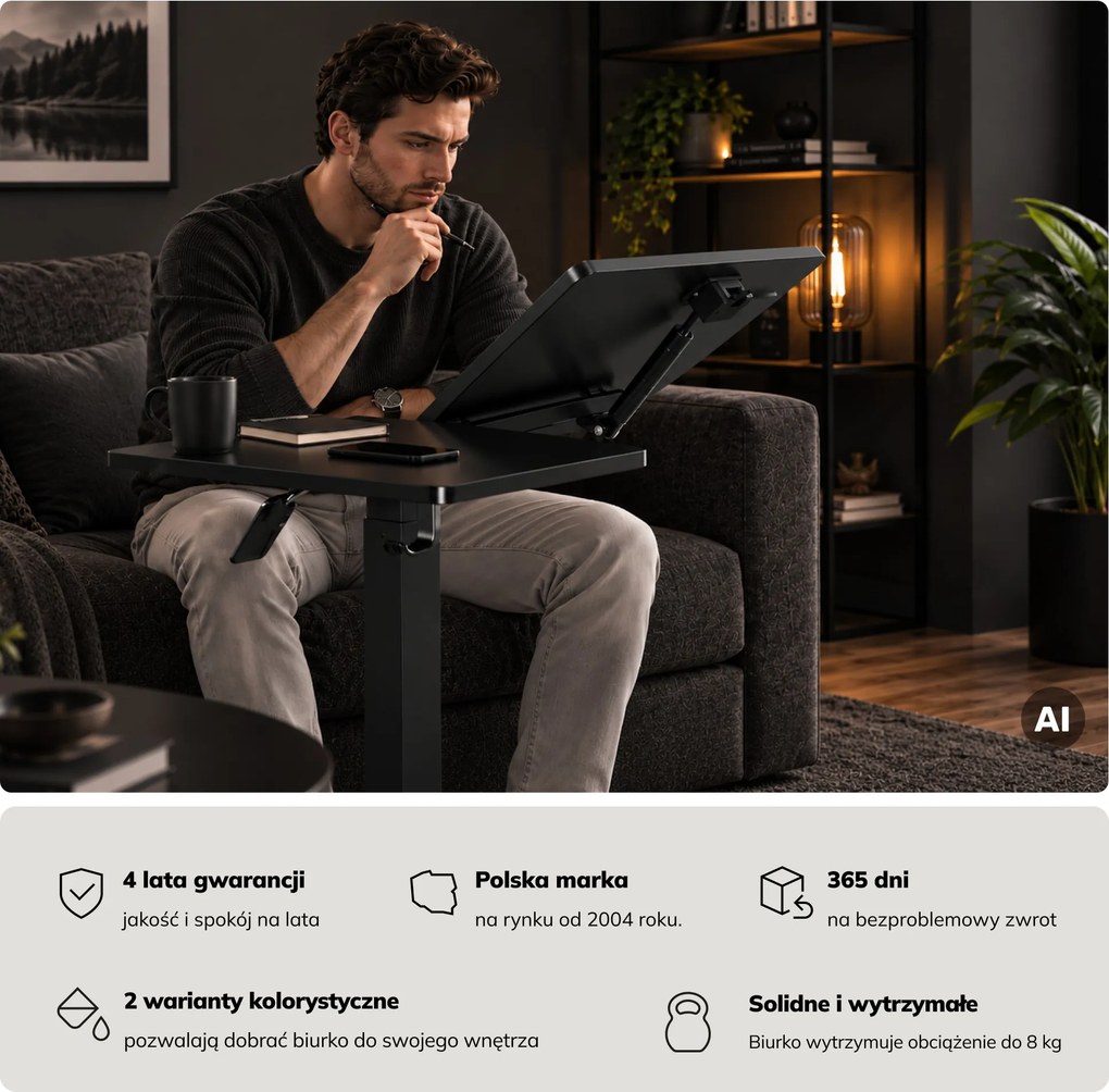 Stolik pod laptopa regulowany, mobilny, wielofunkcyjny, czarny: BILL