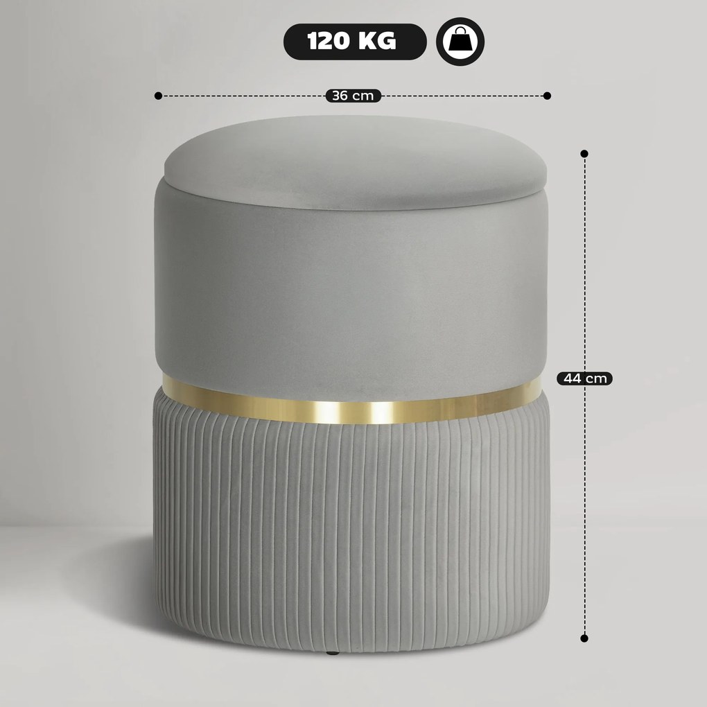 HOMCOM Okrągła Pufa z Przechowalnią, Aksamitny Stołek z Odpinanym Wiekiem, Tapicerowane Siedzisko i Ukryty Schowek, Jasnoszary | Aosom PL