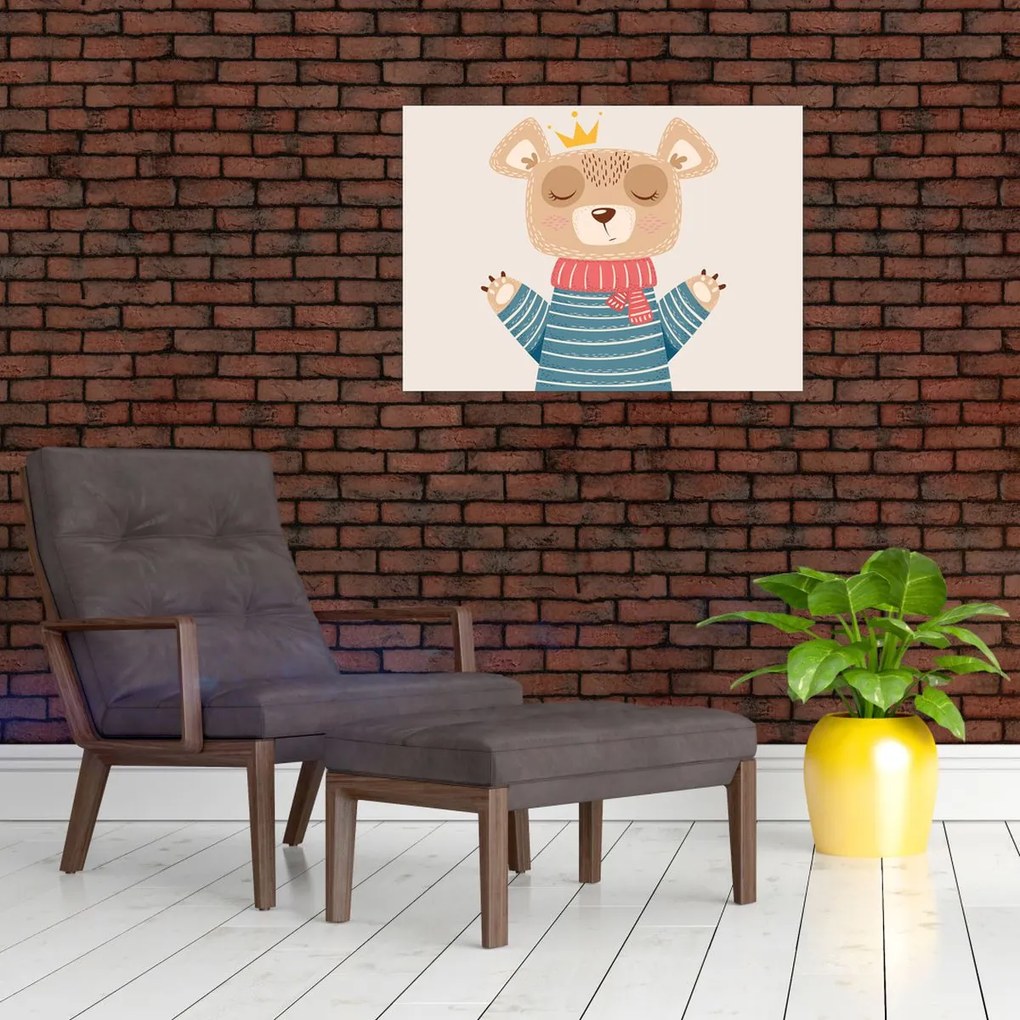 Obraz na szkle - Beżowy miś z koroną (70x50 cm)
