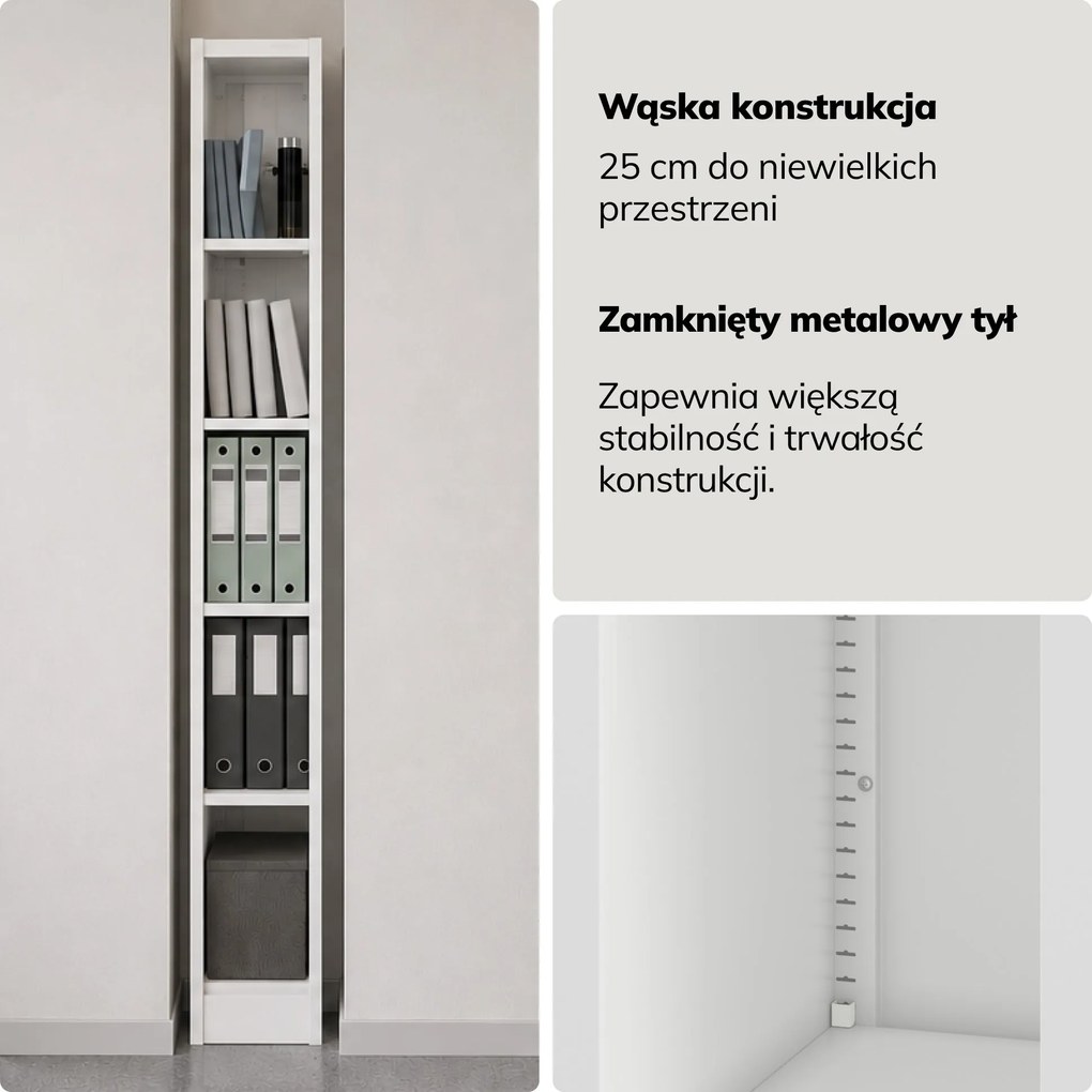 Regał metalowy wąski, archiwizacyjny na dokumenty biały, 250x1850x400 mm: TIM