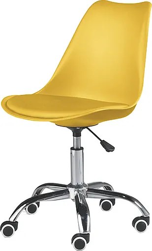 Żółty obrotowy fotel biurowy "Dorian" z polipropylenu z siedziskiem ze skóry ekologicznej i chromowaną metalową podstawą cm 49x47 82/96h