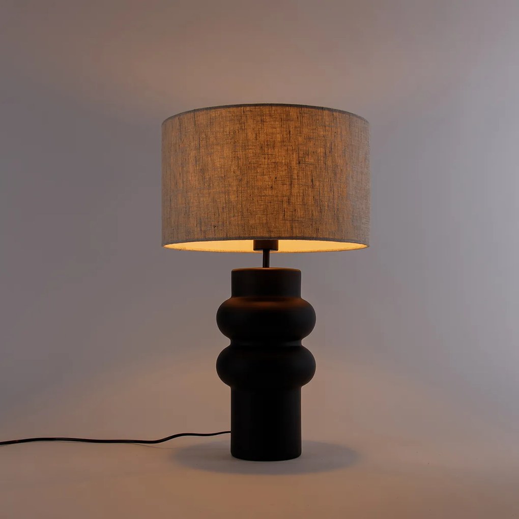 Designerska lampa stołowa czarna z abażurem z tkaniny w kolorze jasnoszarym 35 cm - Alisia