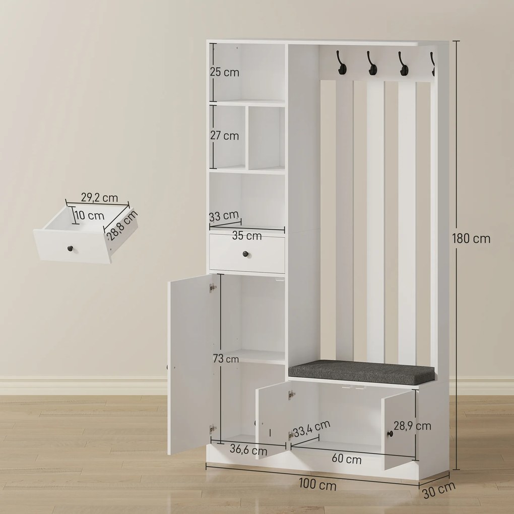 HOMCOM Szafa garderobiana 180 cm z wieszakiem, ławką na buty, 4 haczykami, otwartymi półkami, MDF, Biały