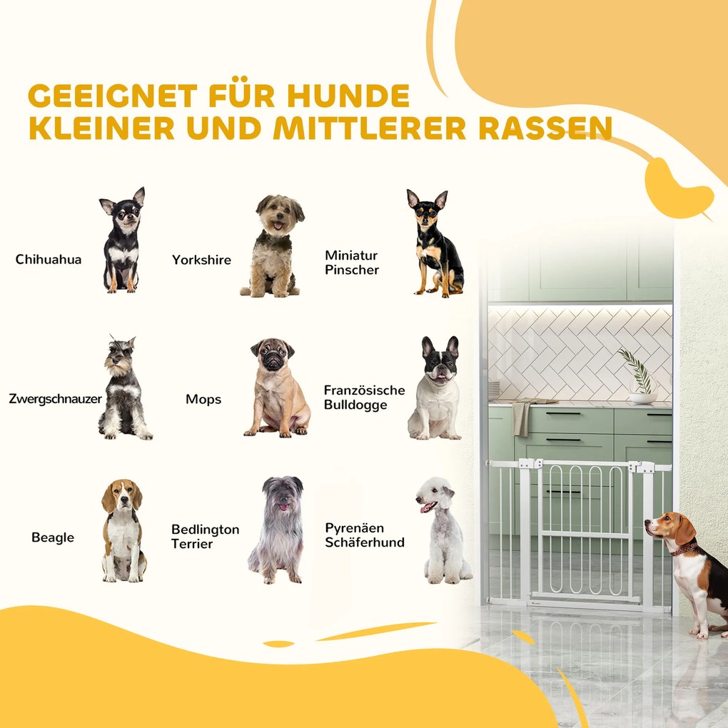 PawHut 76 cm wysokości bramka dla zwierząt do ram drzwi, korytarzy i schodów, 76-104 cm szerokości, Metal i Plastik, Biały