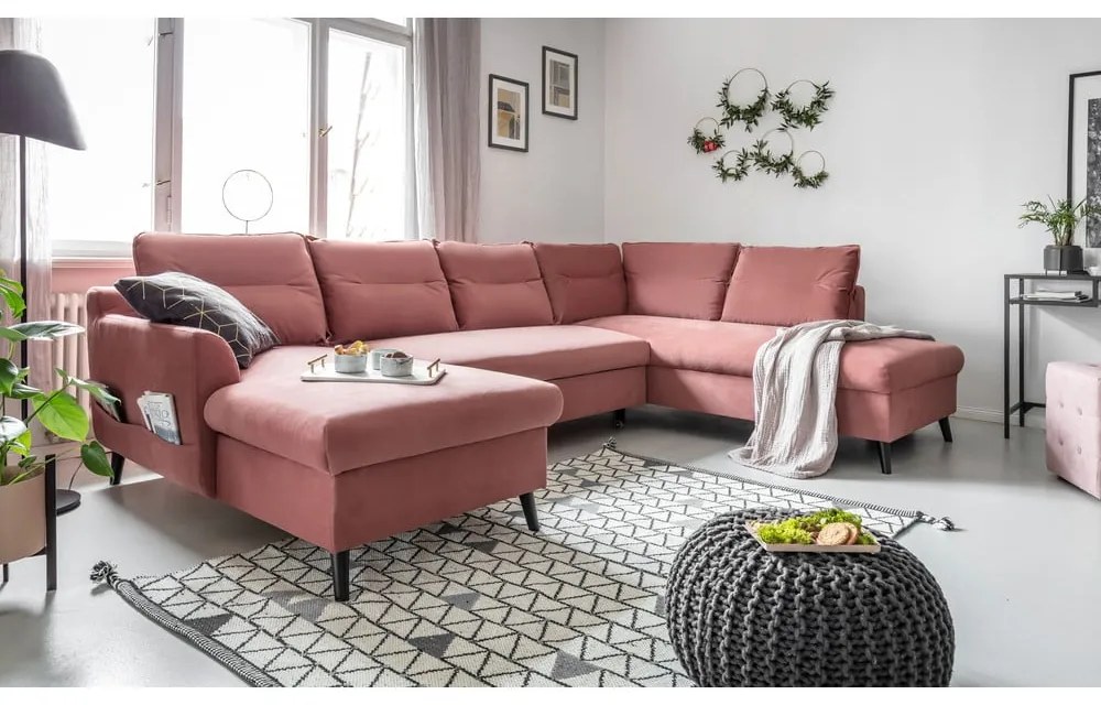 Różowa aksamitna rozkładana sofa w kształcie litery "U" Miuform Stylish Stan, prawostronna