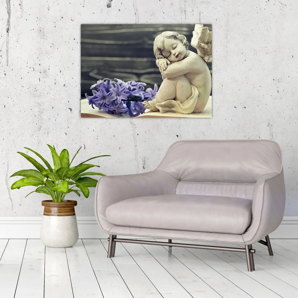 Obraz na szkle anioła z kwiatem (70x50 cm)
